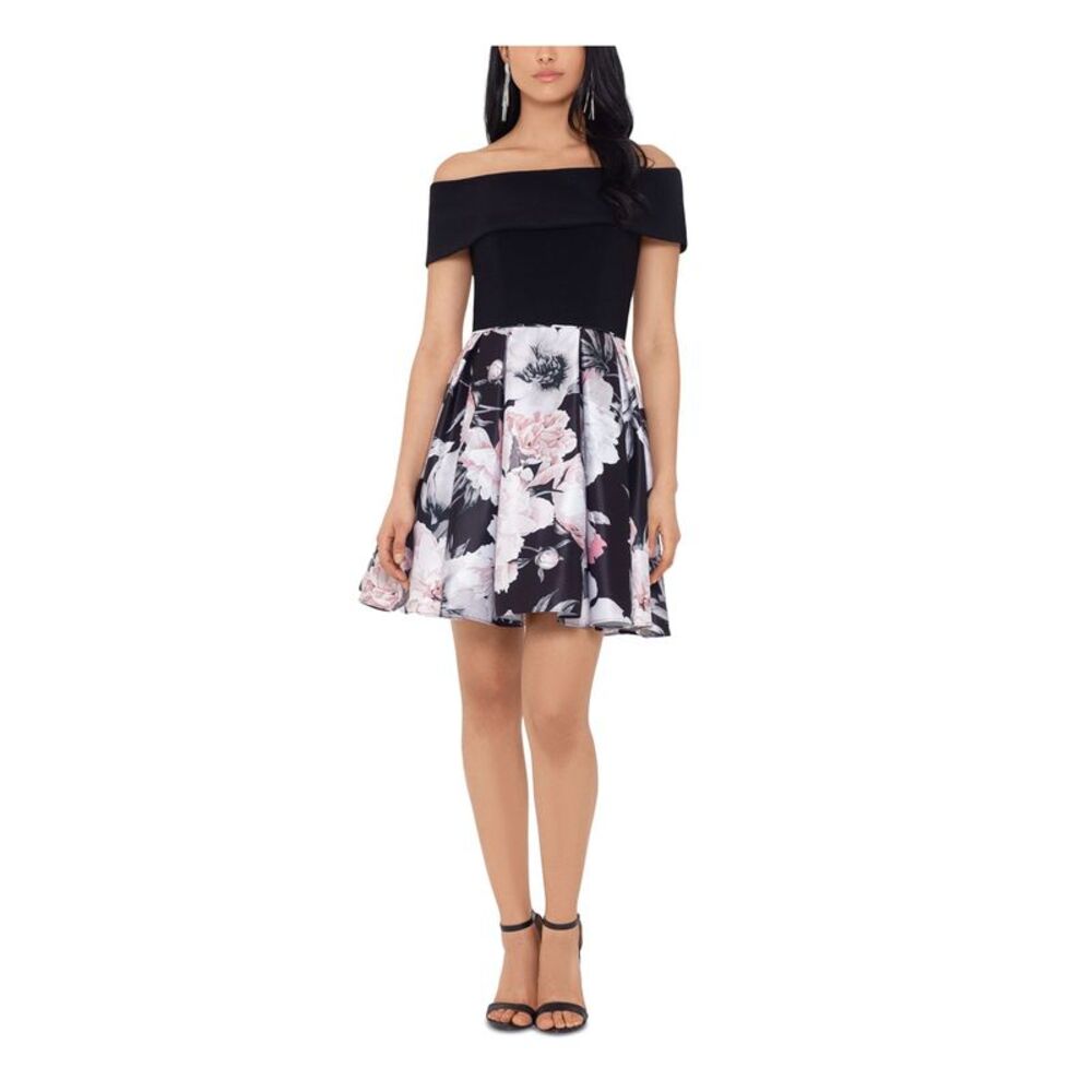 BETSY & ADAM Womens Black Fitted Short Sleeve Short Party Fit + Flare Dress 2
